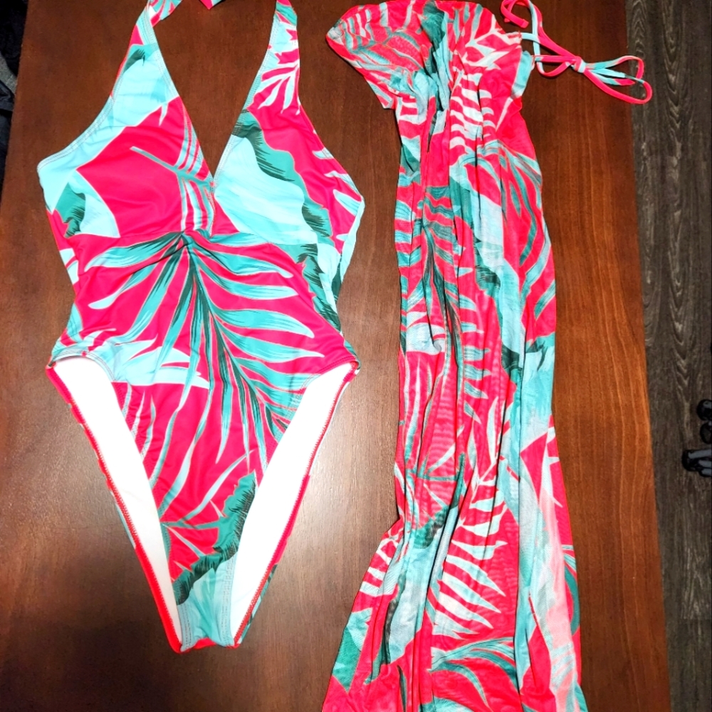 One piece bathing suit with cover up